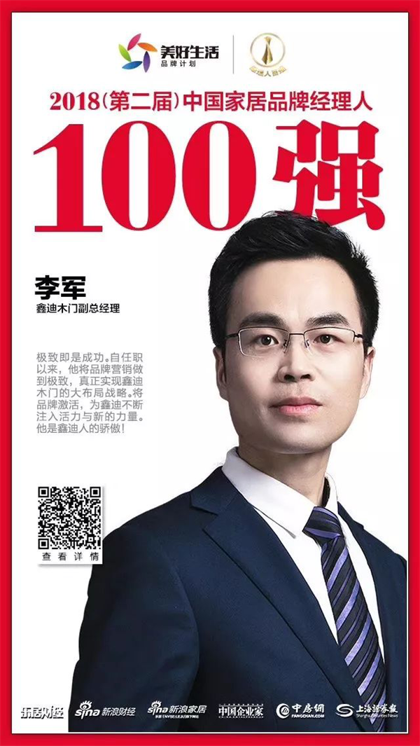 鑫迪木门副总经理李军先生荣膺“中国家居品牌经理人100强”称号